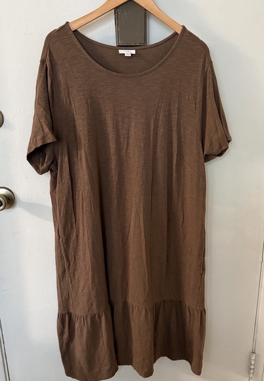 J Jill Tee Shirt Dress Sz 2X Brown Cotton Ruffle Hem Beach Casual Boho Pockets